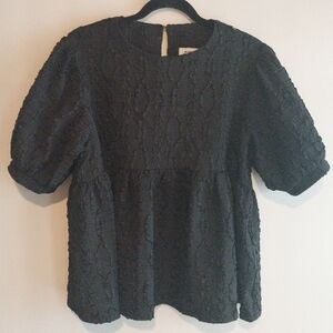 Barcode Black Textured Short Puff Sleeve Babydoll Top